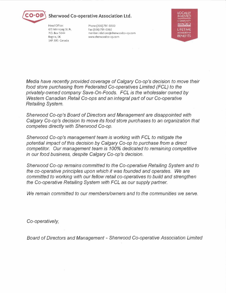 Statement From Sherwood Co Op Regarding Calgary Co Op Sherwood Co Op
